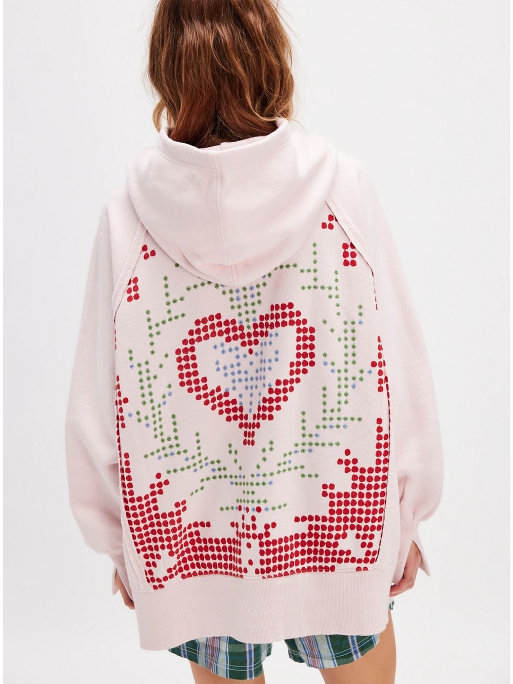 Free People Pale Pink Hooded Sweater with Red Heart Dot Motif